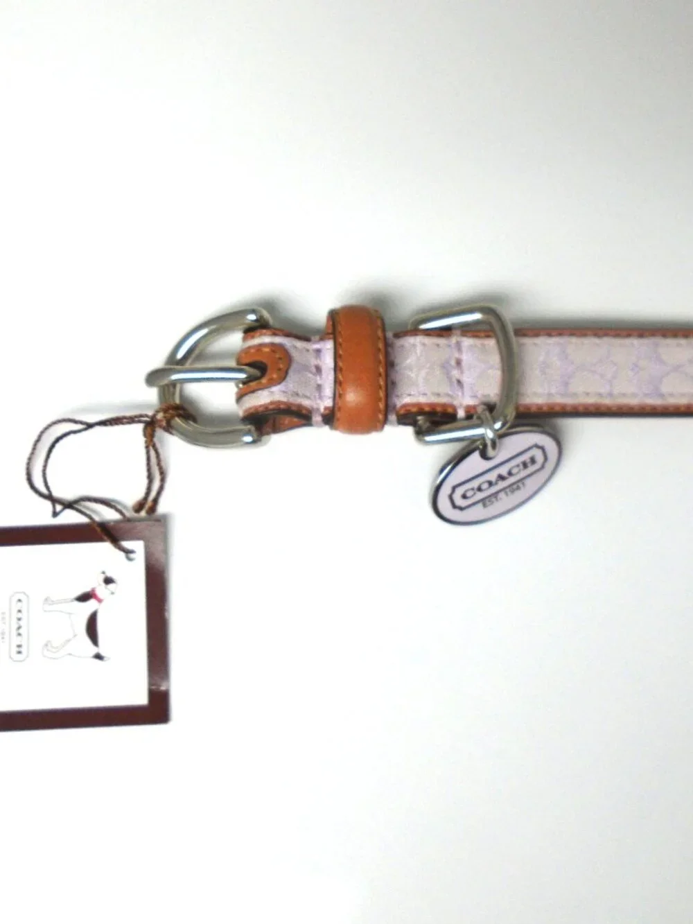 NEW VINTAGE COACH BROWN LILAC JACQUARD SIGNATURE C LEATHER DOG COLLAR 4003 SZ XS